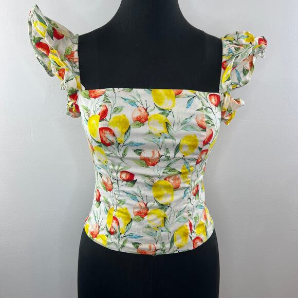 AQUA White S Top Cotton Lemon Fruit Smoked Back Zip Square Neck Flutter Sleeves - Picture 3 of 8